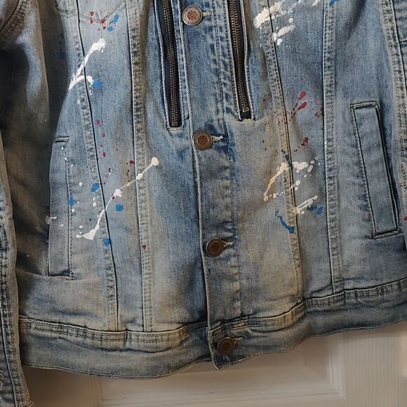 Cooper Rivet distressed denim paint splash jean multi media jacket Sz S - Picture 7 of 11